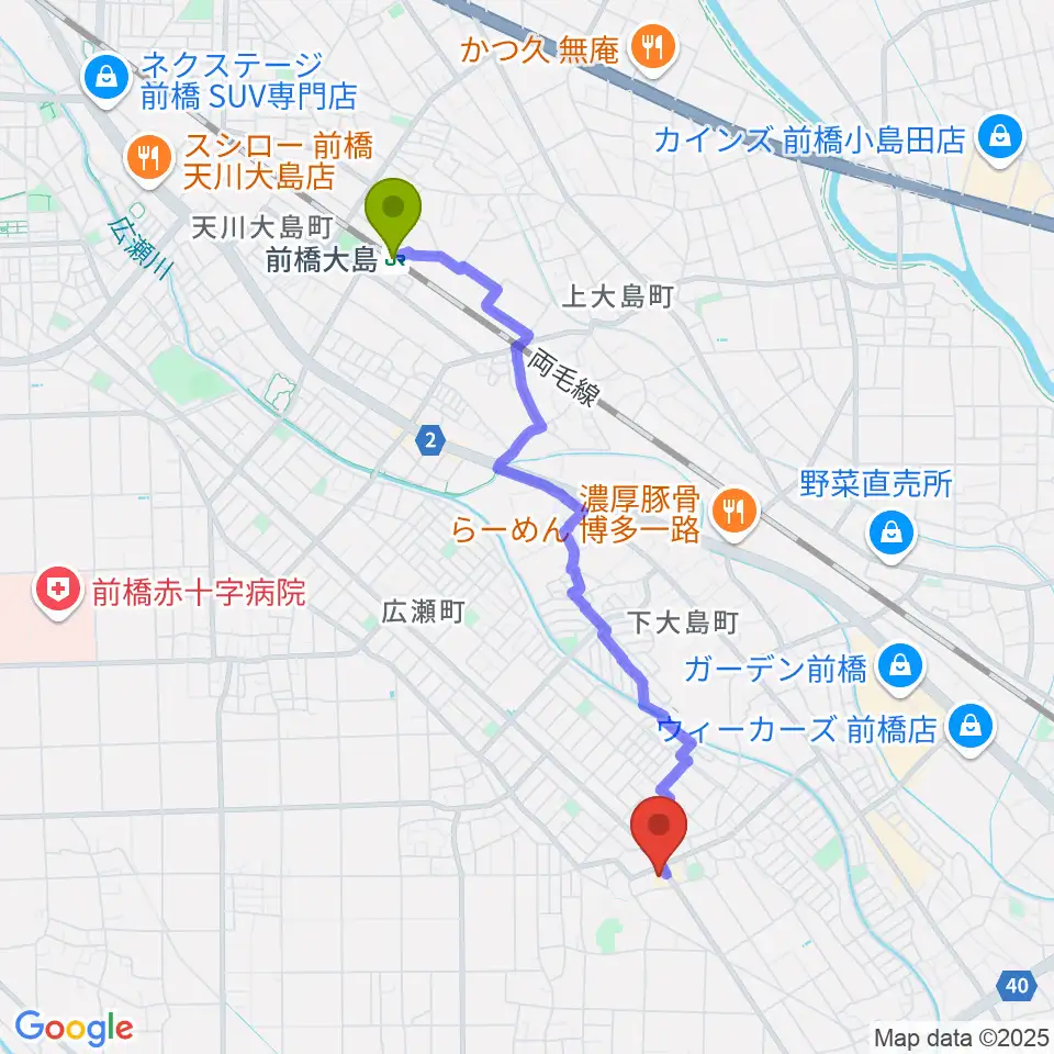 前橋大島駅から山王ホールへのルートマップ地図