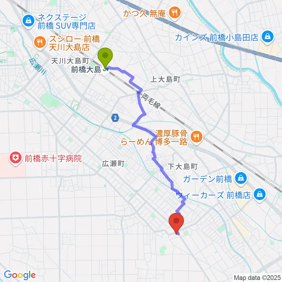 前橋大島駅から山王ホールへのルートマップ地図