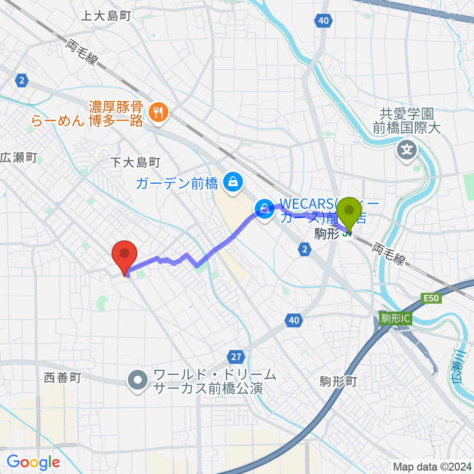 山王ホールの最寄駅駒形駅からの徒歩ルート（約30分）地図