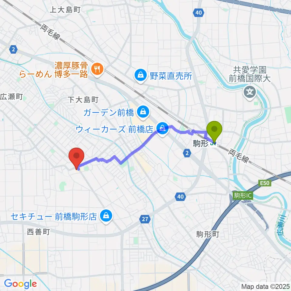 山王ホールの最寄駅駒形駅からの徒歩ルート（約30分）地図