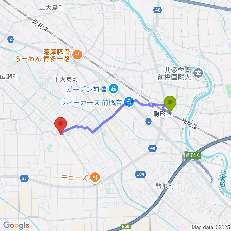 山王ホールの最寄駅駒形駅からの徒歩ルート（約30分）地図