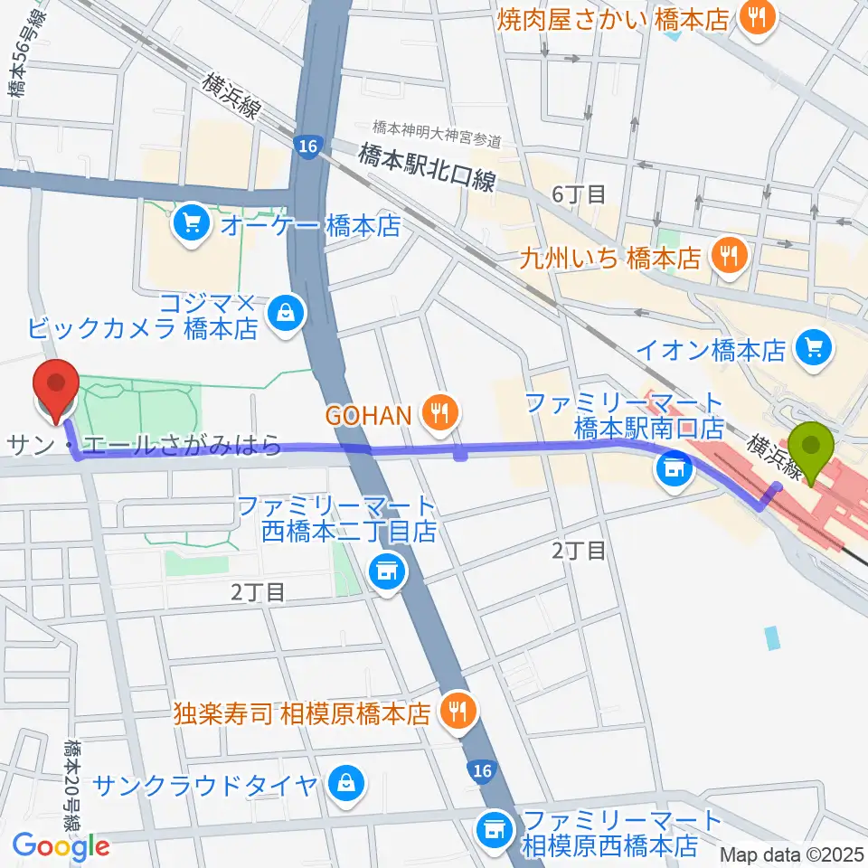 サン・エールさがみはらの最寄駅橋本駅からの徒歩ルート（約14分）地図