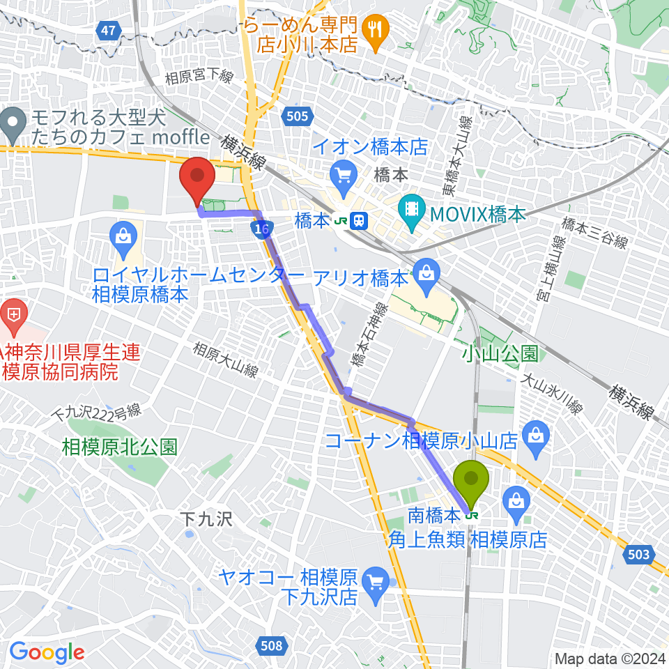南橋本駅からサン・エールさがみはらへのルートマップ地図