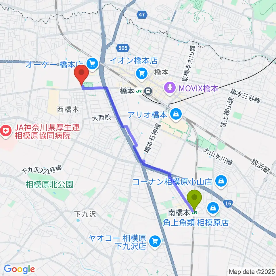 南橋本駅からサン・エールさがみはらへのルートマップ地図