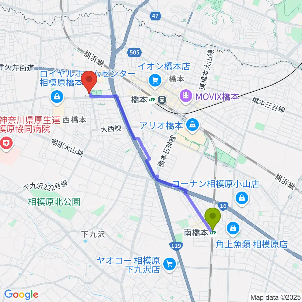 南橋本駅からサン・エールさがみはらへのルートマップ地図