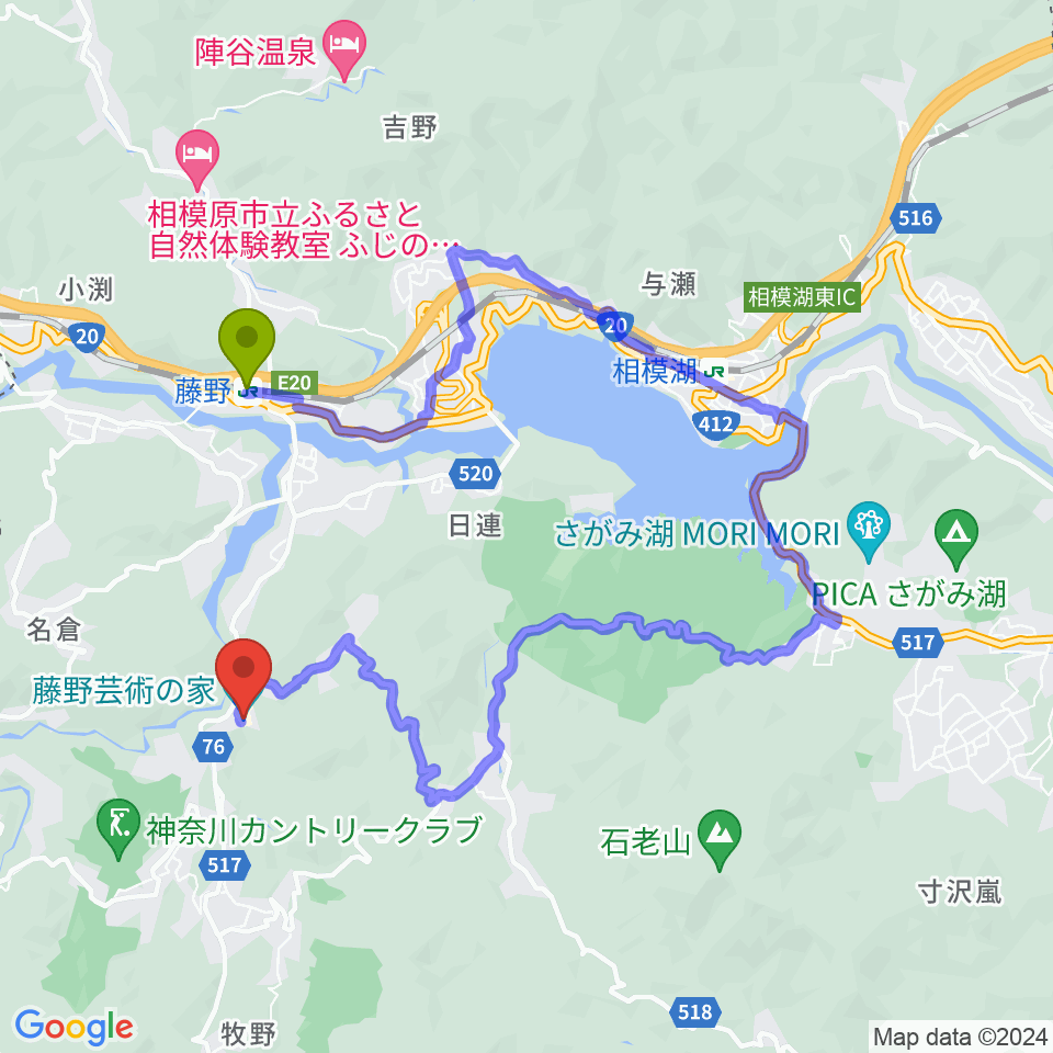 藤野芸術の家の最寄駅藤野駅からの徒歩ルート（約39分）地図