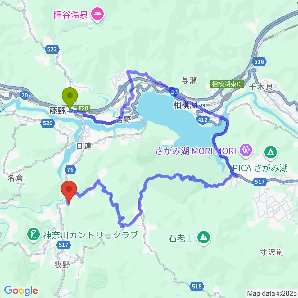 藤野芸術の家の最寄駅藤野駅からの徒歩ルート（約39分）地図