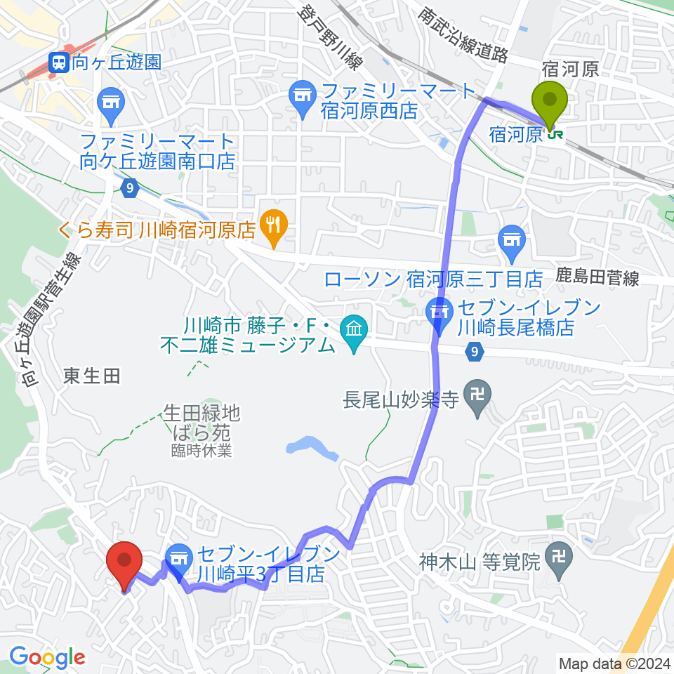 宿河原駅から福田弦楽弓製作所へのルートマップ地図