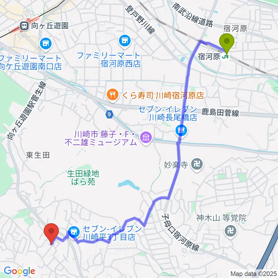 宿河原駅から福田弦楽弓製作所へのルートマップ地図