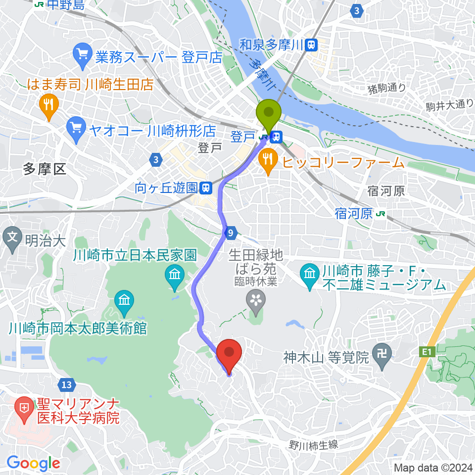 登戸駅から福田弦楽弓製作所へのルートマップ地図
