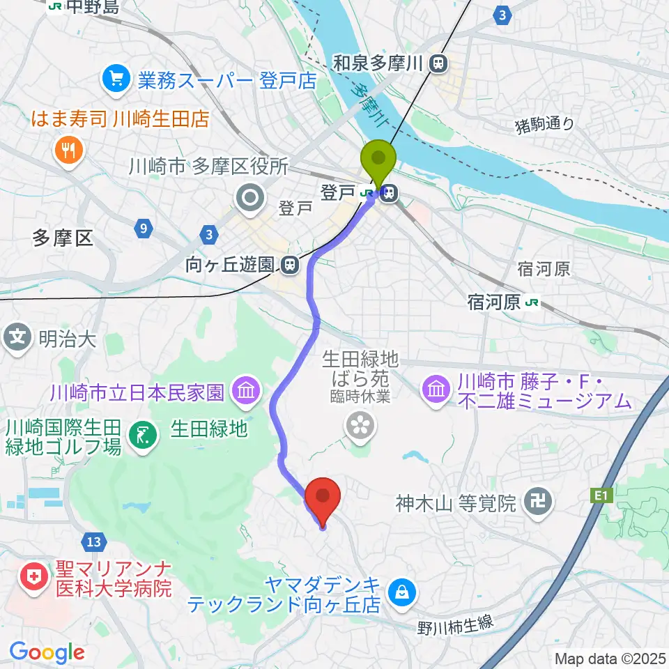 登戸駅から福田弦楽弓製作所へのルートマップ地図