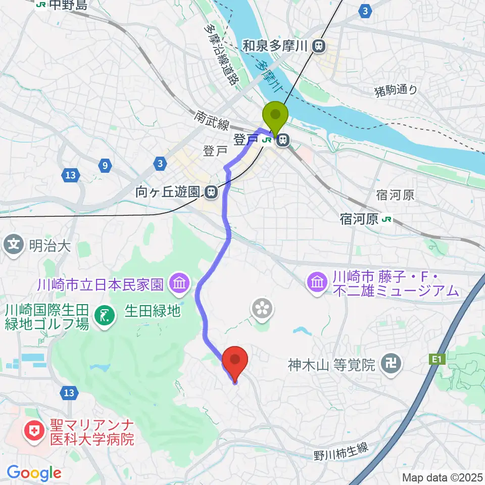 登戸駅から福田弦楽弓製作所へのルートマップ地図