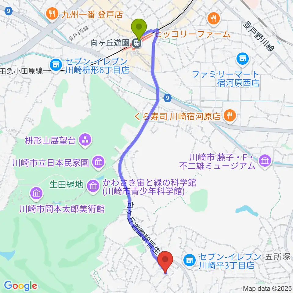 福田弦楽弓製作所の最寄駅向ヶ丘遊園駅からの徒歩ルート（約25分）地図