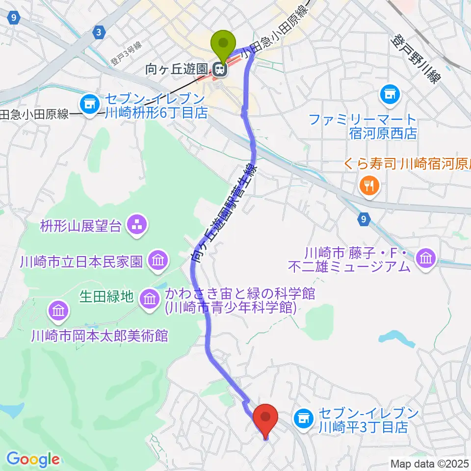 福田弦楽弓製作所の最寄駅向ヶ丘遊園駅からの徒歩ルート（約25分）地図