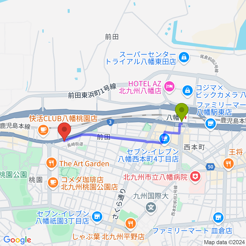 八幡デルソルカフェの最寄駅八幡駅からの徒歩ルート（約15分）地図