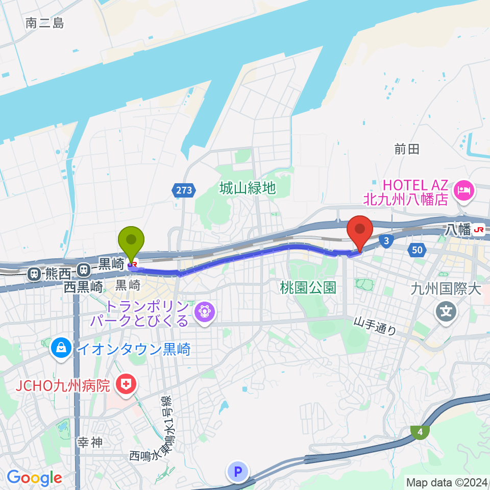 黒崎駅から八幡デルソルカフェへのルートマップ地図