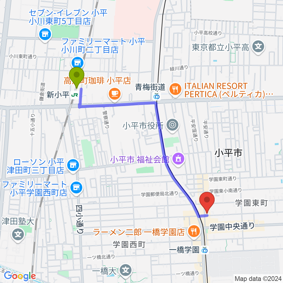 新小平駅から学園坂スタジオへのルートマップ地図