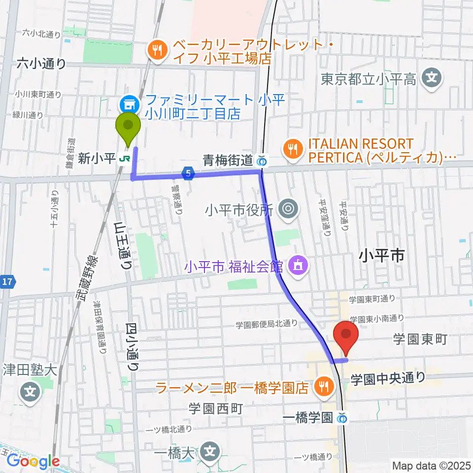 新小平駅から学園坂スタジオへのルートマップ地図