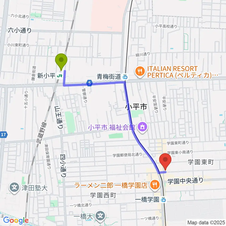 新小平駅から学園坂スタジオへのルートマップ地図