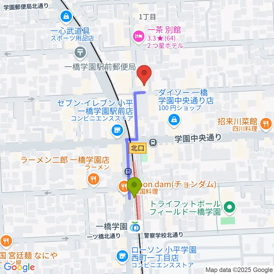 学園坂スタジオの最寄駅一橋学園駅からの徒歩ルート（約3分）地図