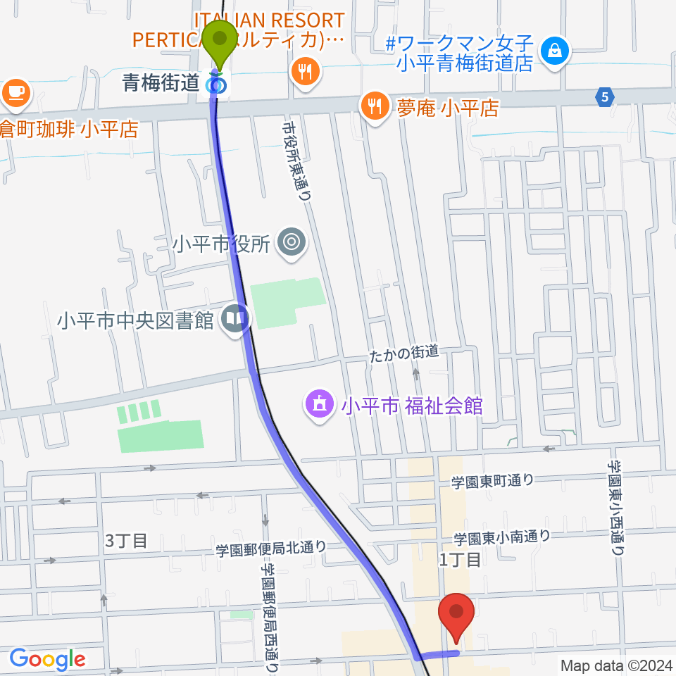 青梅街道駅から学園坂スタジオへのルートマップ地図