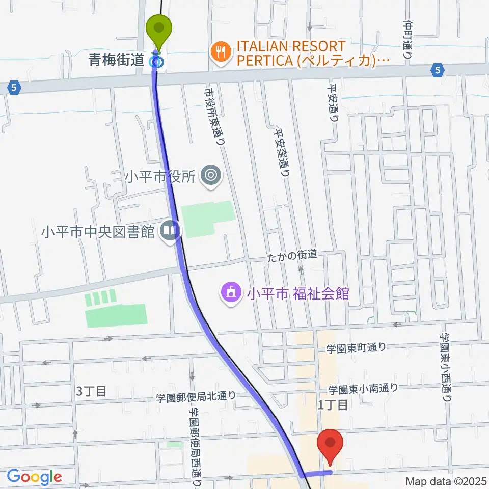 青梅街道駅から学園坂スタジオへのルートマップ地図