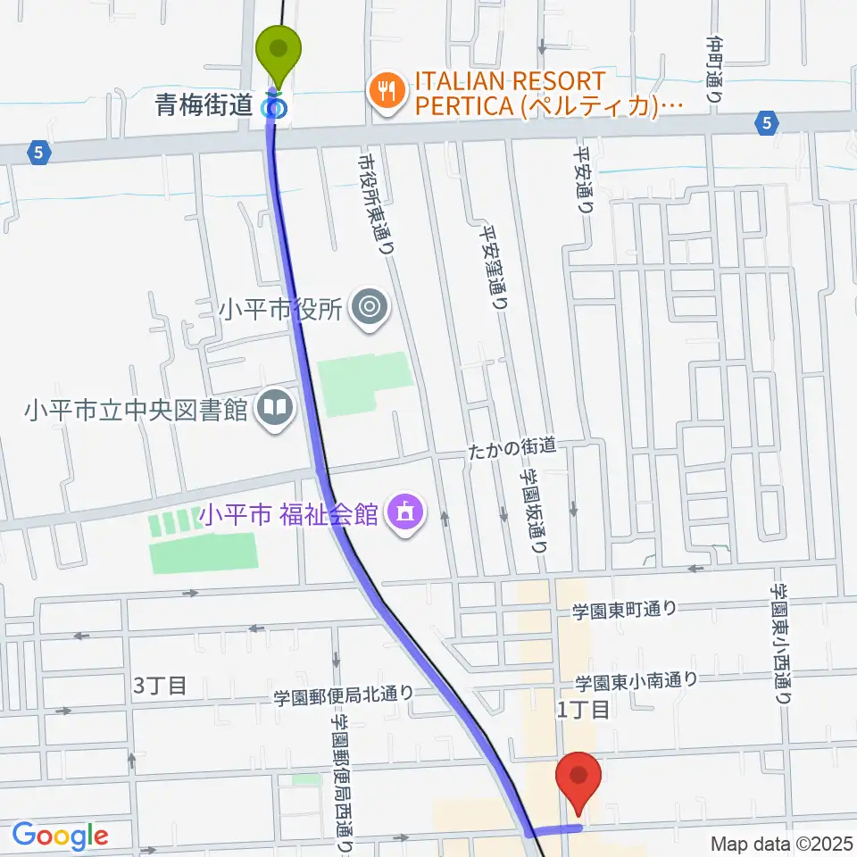 青梅街道駅から学園坂スタジオへのルートマップ地図