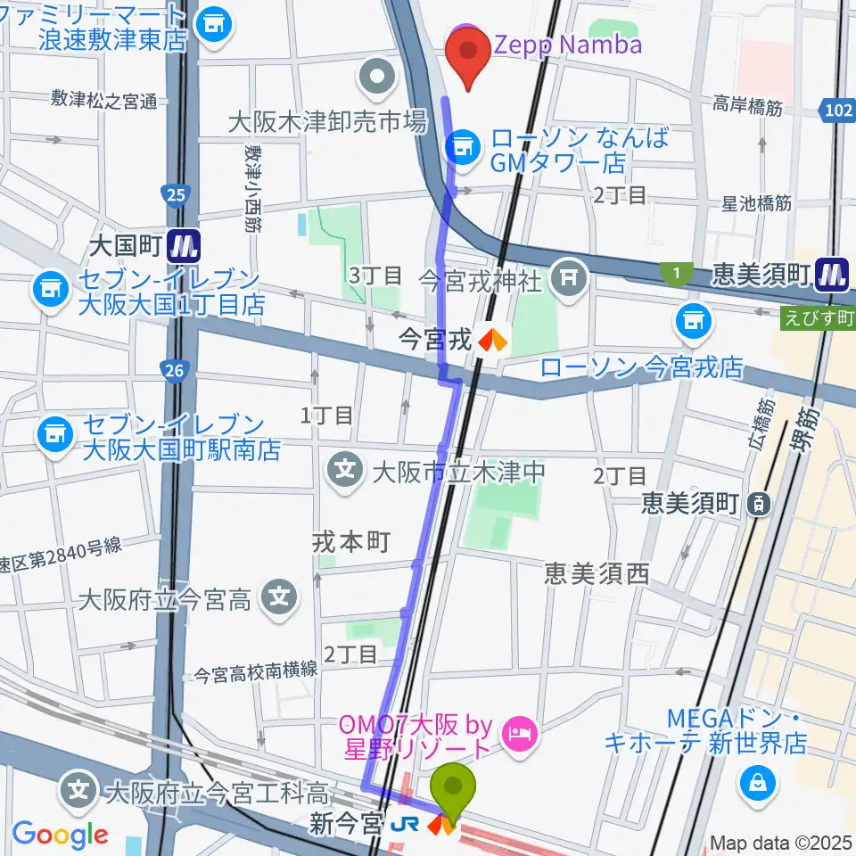 新今宮駅からZeppなんば大阪へのルートマップ地図