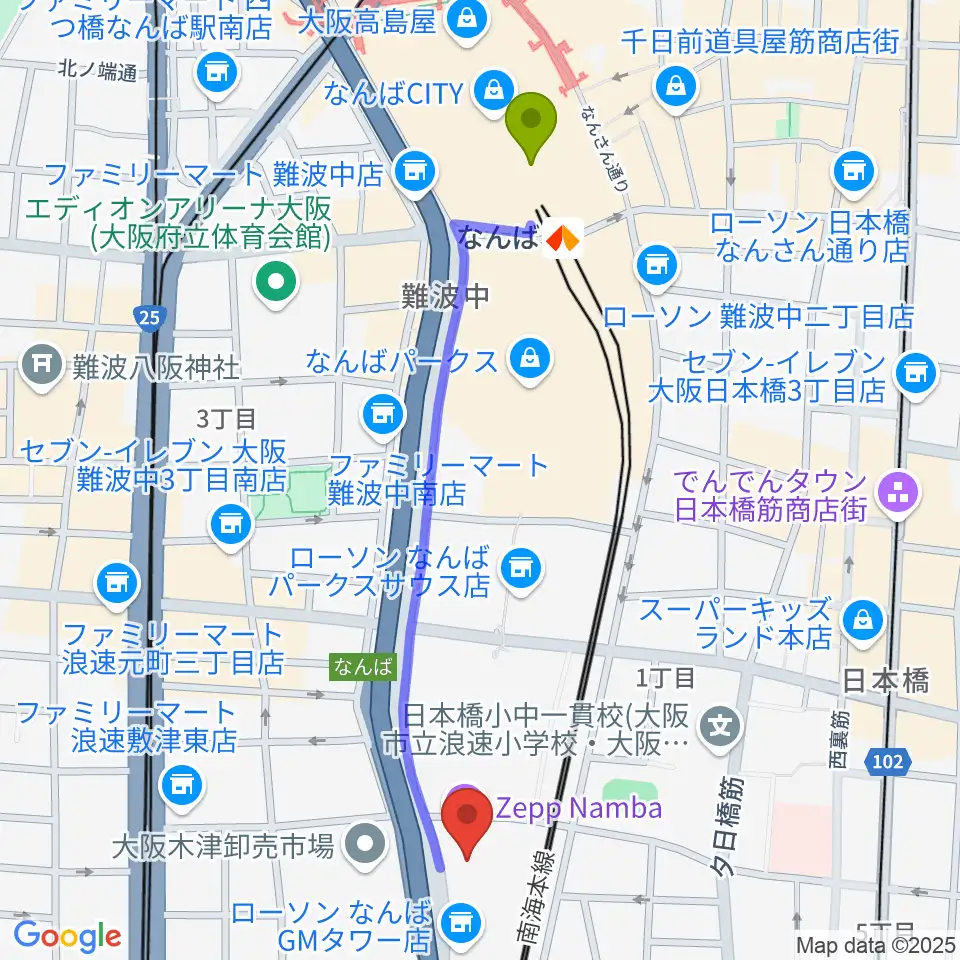 難波駅からZeppなんば大阪へのルートマップ地図