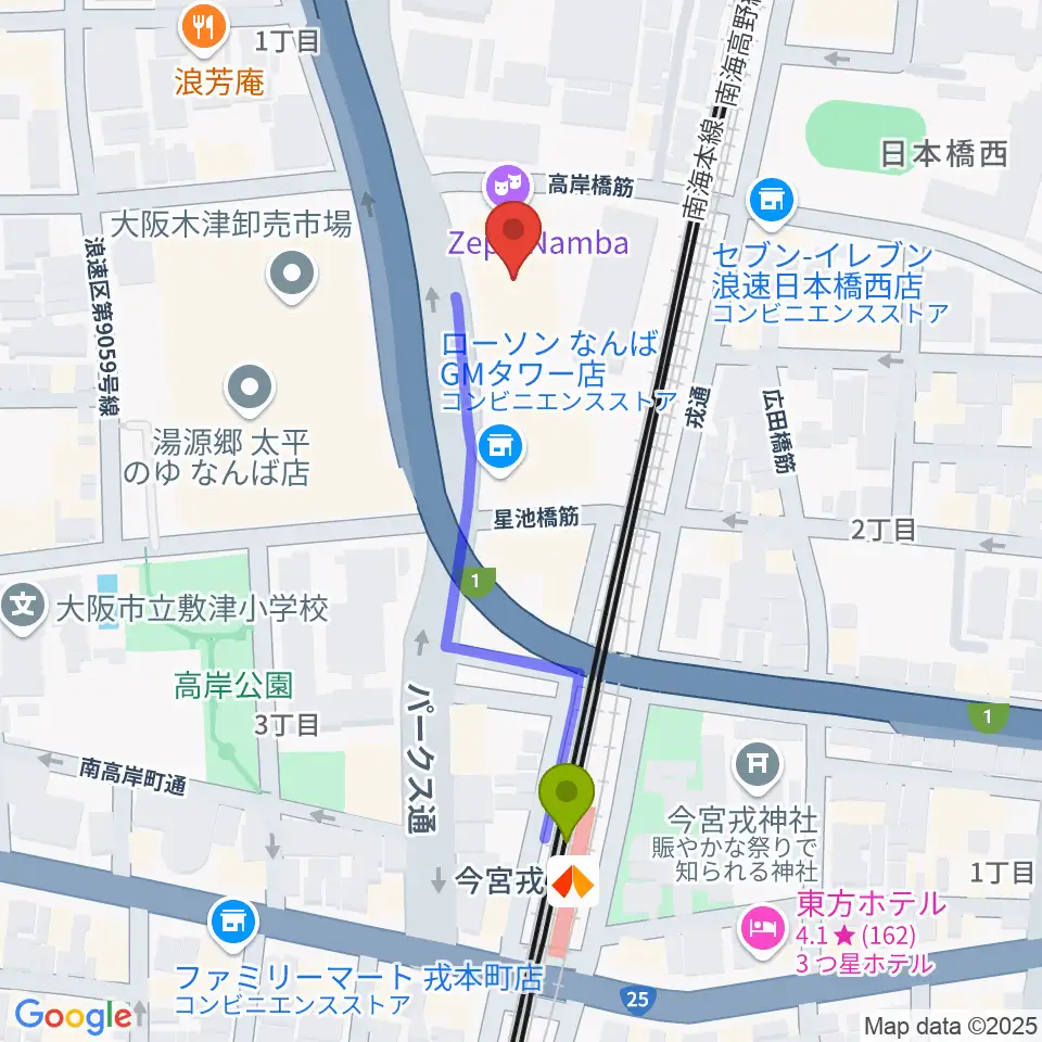 Zeppなんば大阪の最寄駅今宮戎駅からの徒歩ルート（約4分）地図