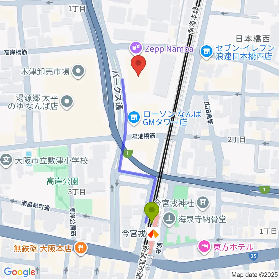 Zeppなんば大阪の最寄駅今宮戎駅からの徒歩ルート（約4分）地図