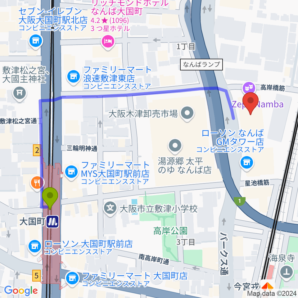 大国町駅からZeppなんば大阪へのルートマップ地図