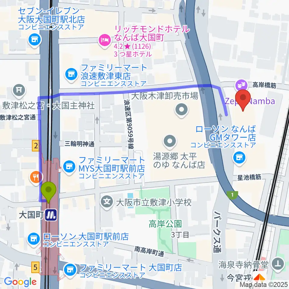 大国町駅からZeppなんば大阪へのルートマップ地図