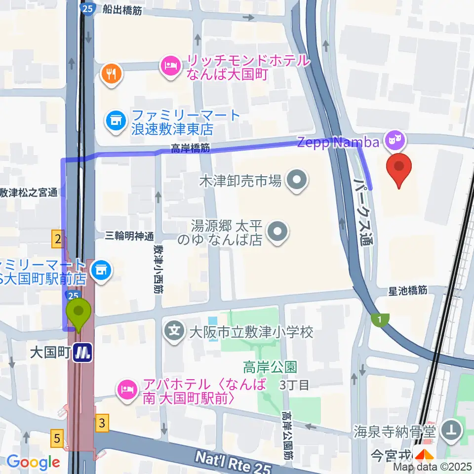 大国町駅からZeppなんば大阪へのルートマップ地図