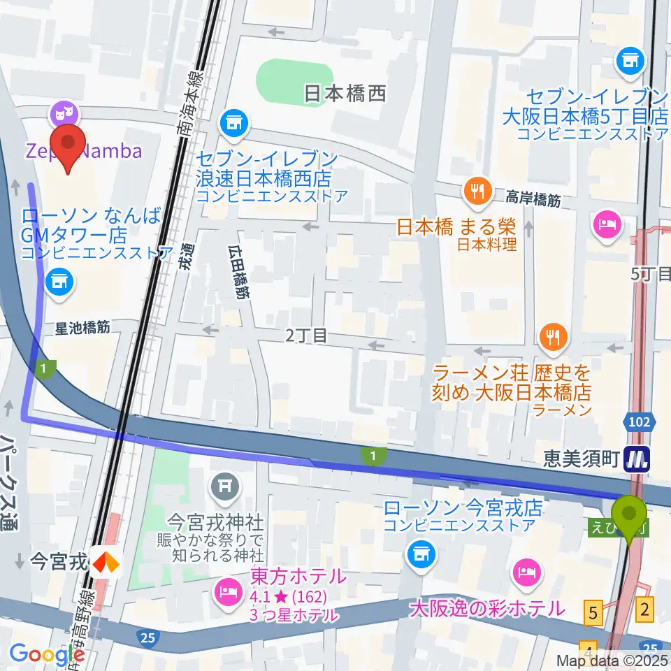 恵美須町駅からZeppなんば大阪へのルートマップ地図