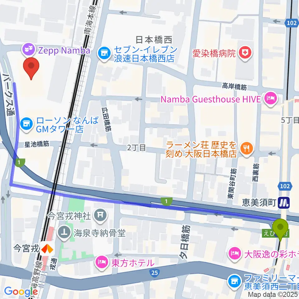 恵美須町駅からZeppなんば大阪へのルートマップ地図
