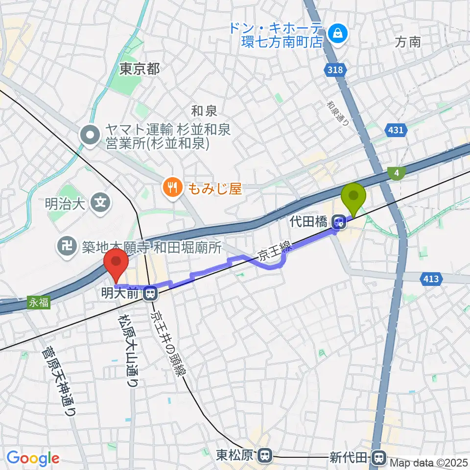 代田橋駅から明大前LIVREへのルートマップ地図