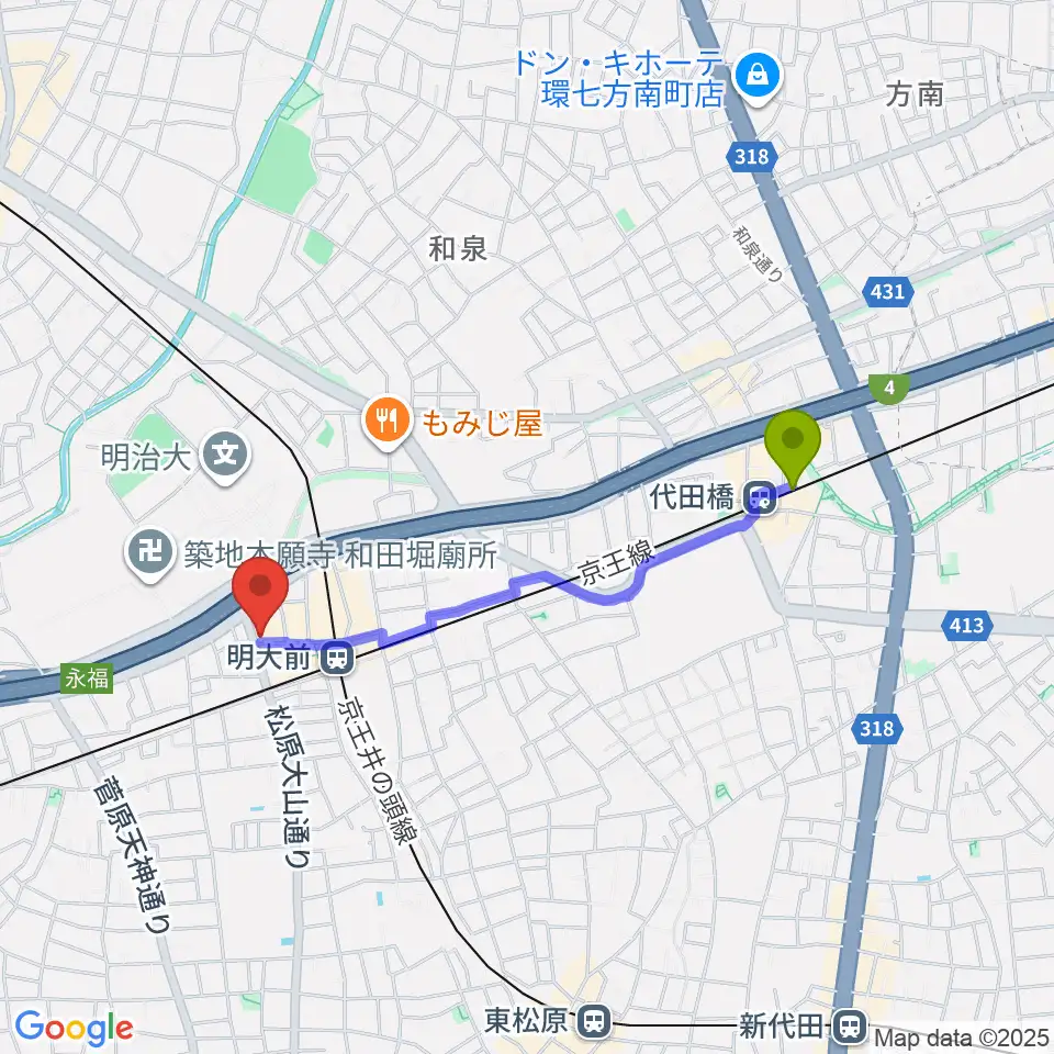 代田橋駅から明大前LIVREへのルートマップ地図