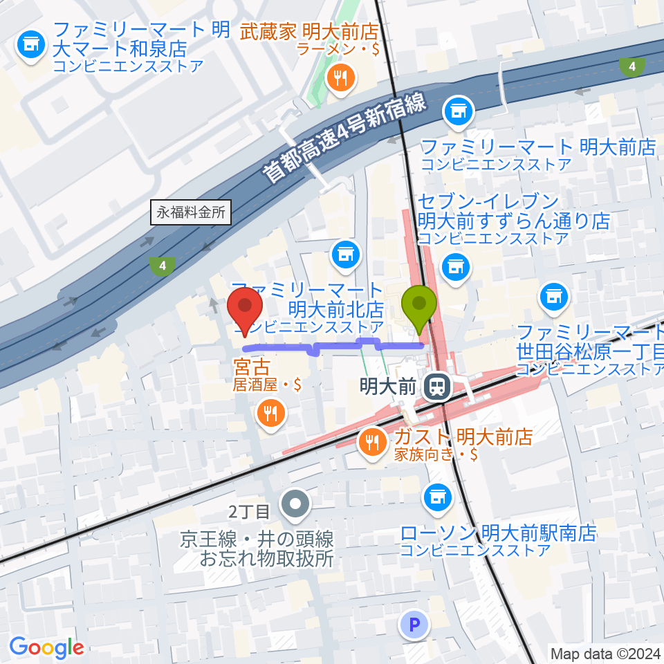 明大前LIVREの最寄駅明大前駅からの徒歩ルート（約2分）地図