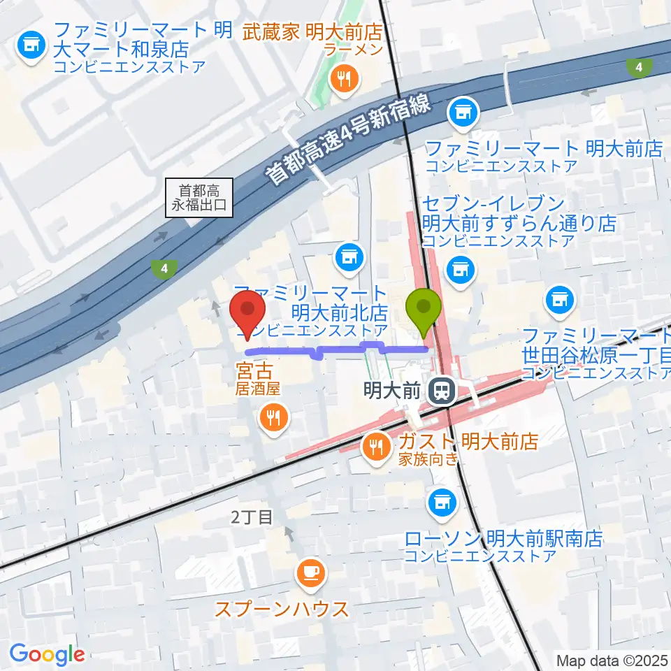 明大前LIVREの最寄駅明大前駅からの徒歩ルート（約2分）地図