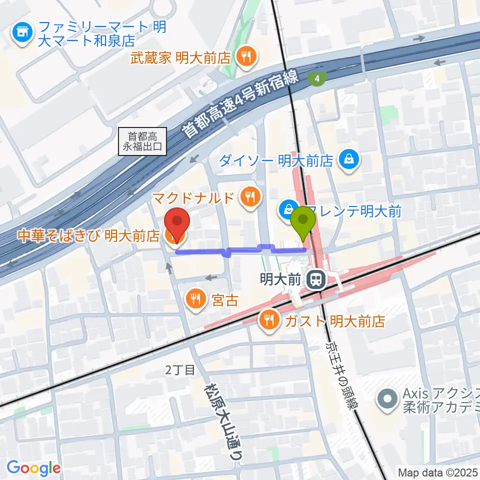 明大前LIVREの最寄駅明大前駅からの徒歩ルート（約2分）地図