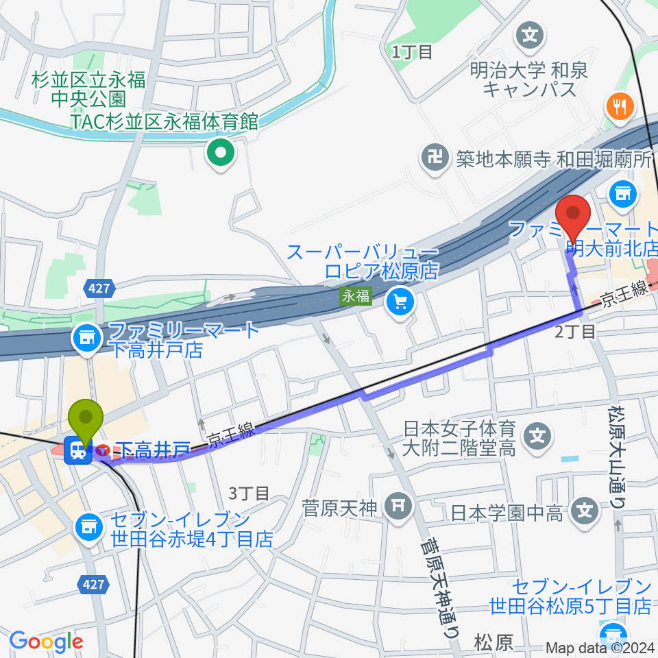 下高井戸駅から明大前LIVREへのルートマップ地図