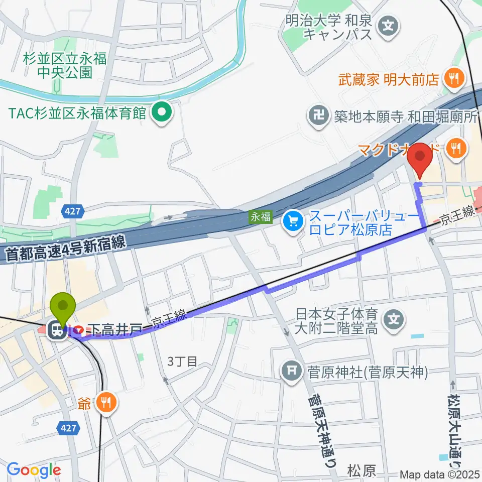 下高井戸駅から明大前LIVREへのルートマップ地図
