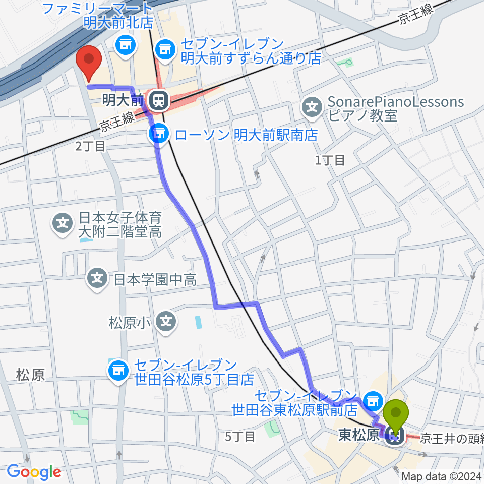 東松原駅から明大前LIVREへのルートマップ地図