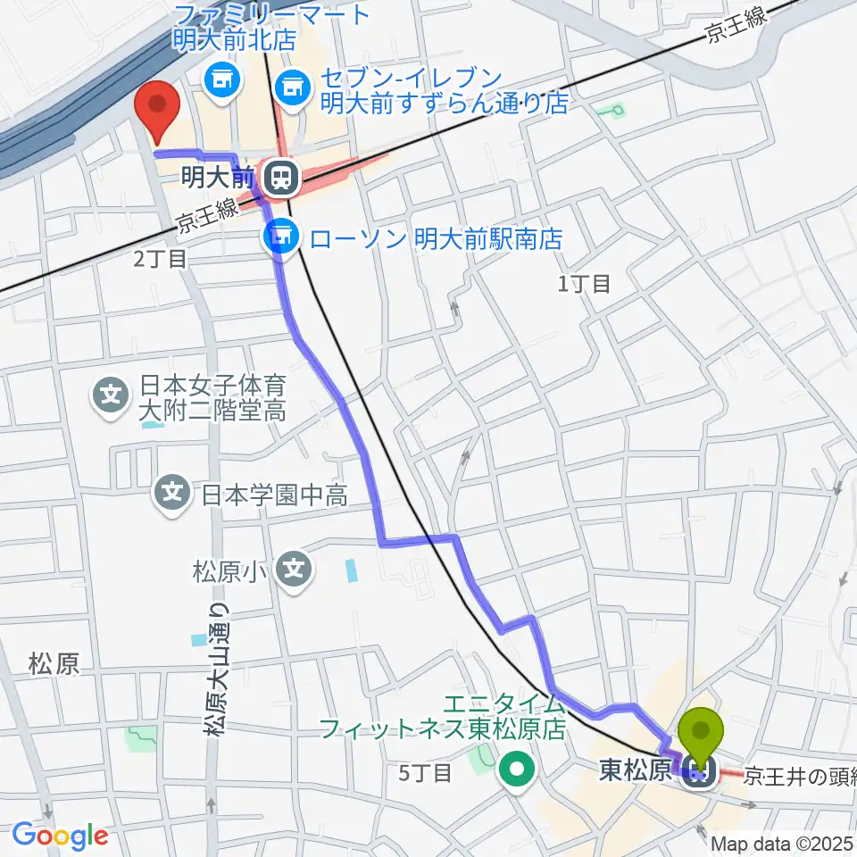 東松原駅から明大前LIVREへのルートマップ地図