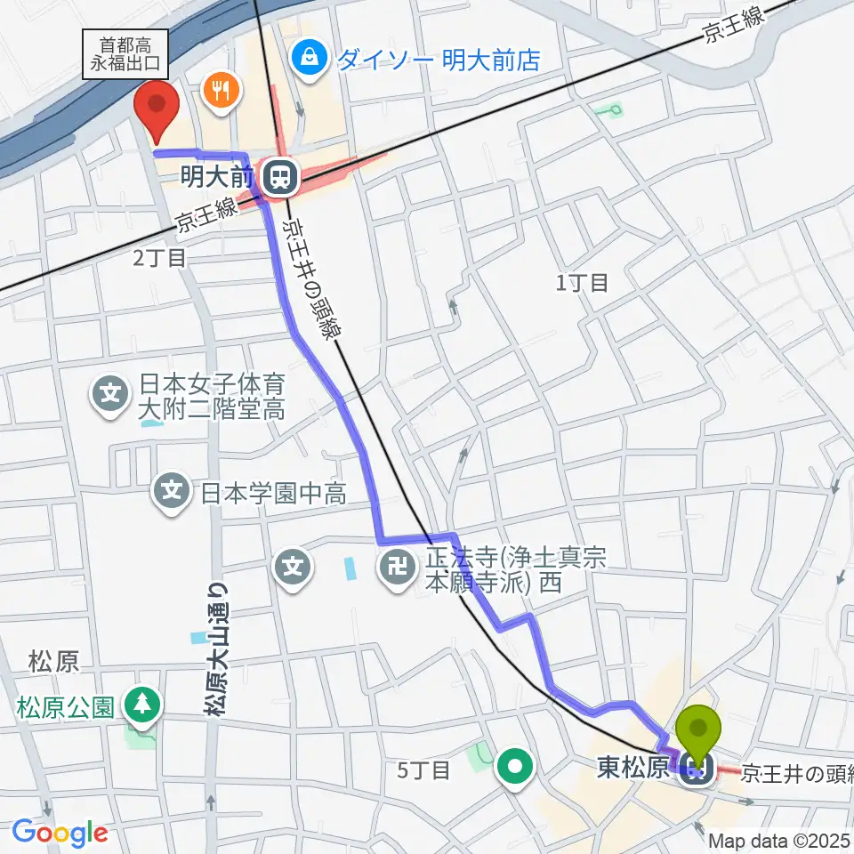 東松原駅から明大前LIVREへのルートマップ地図
