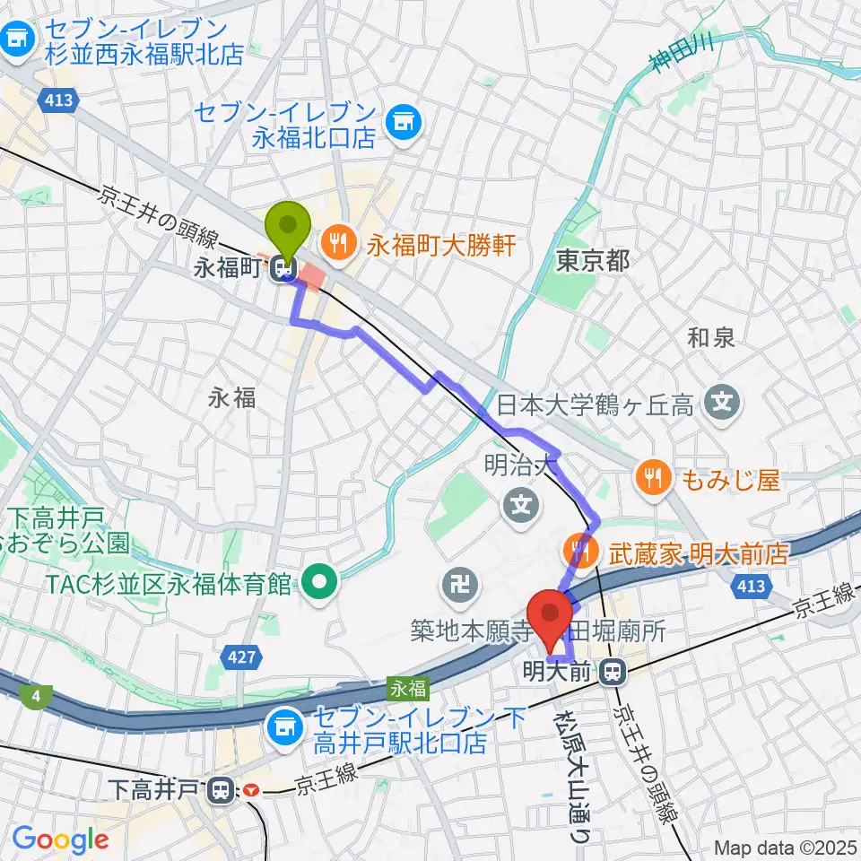 永福町駅から明大前LIVREへのルートマップ地図