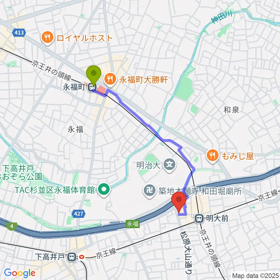 永福町駅から明大前LIVREへのルートマップ地図