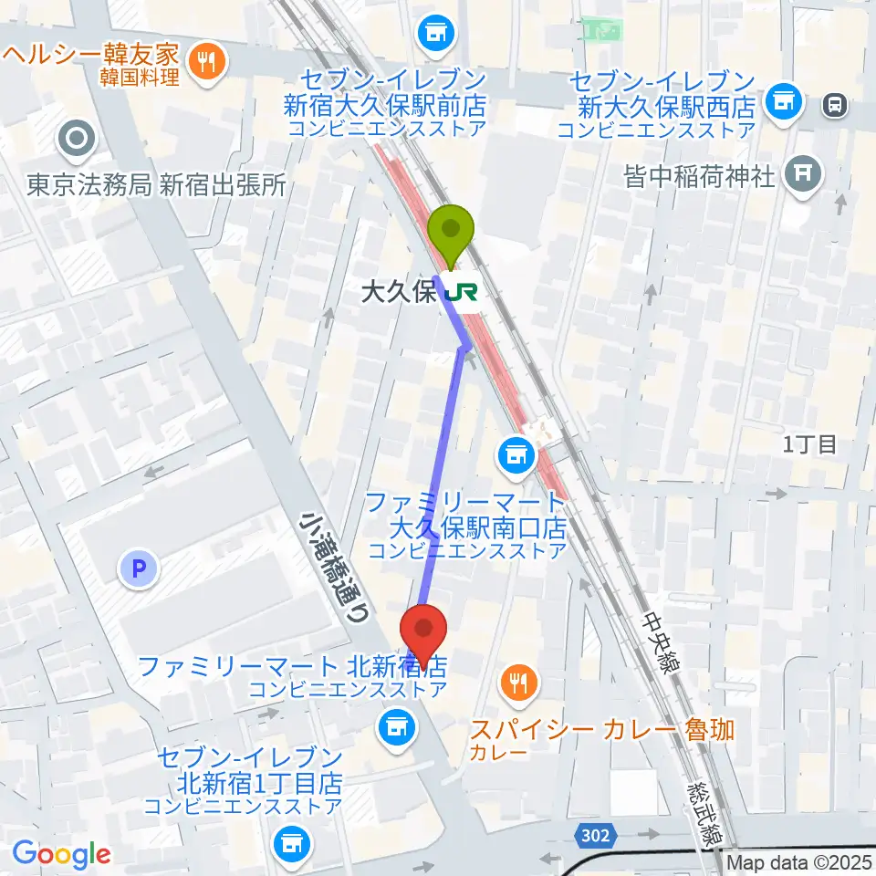 Barchie'sの最寄駅大久保駅からの徒歩ルート（約4分）地図