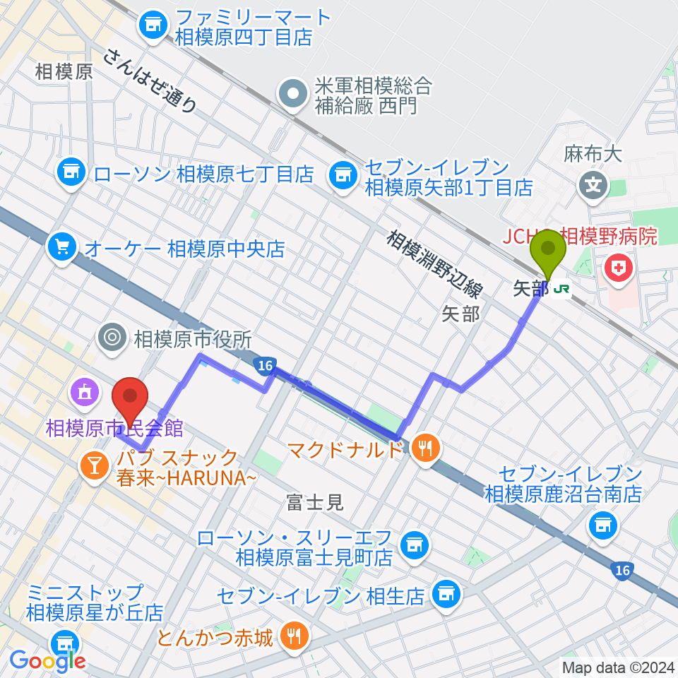 相模原市立あじさい会館の最寄駅矢部駅からの徒歩ルート（約20分）地図